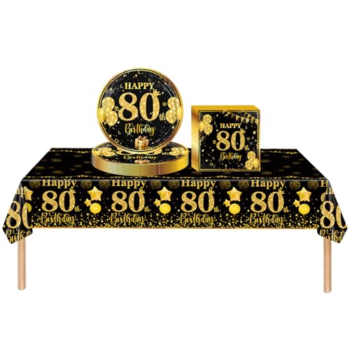 Partygeschirr 80. Geburtstag Männer Frauen,37 Stück Schwarze Gold 80. Geburtstag Dekorationen Tischdecke Papier Platten Servietten für Erwachsene Sie Ihn 80. Geburtstags Geschenk Tischdekoration Partygeschirr 80. Geburtstag Männer Frauen,37 Stück Schwarze Gold 80. Geburtstag Dekorationen Tischdecke Papier Platten Servietten für Erwachsene Sie Ihn 80. Geburtstags Geschenk Tischdekoration von cosoro