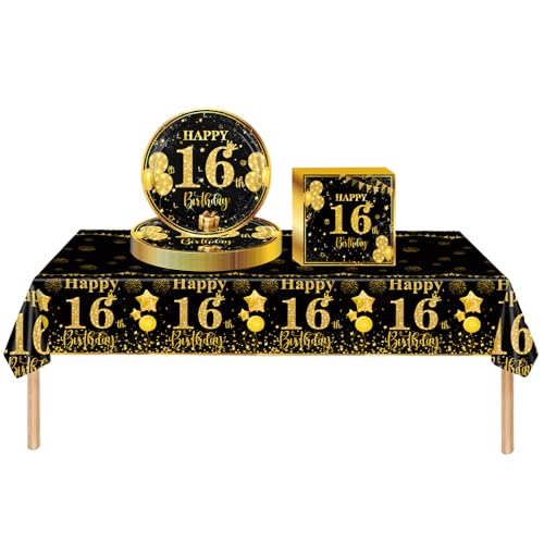 Partygeschirr Set 16. Geburtstag Mädchen Junge,37 Stück Schwarze Gold 16. Geburtstag Dekorationen Tischdecke Papier Platten Servietten für Kinder Sie Ihn 16. Geburtstags Geschenk Tischdekoration Partygeschirr Set 16. Geburtstag Mädchen Junge,37 Stück Schwarze Gold 16. Geburtstag Dekorationen Tischdecke Papier Platten Servietten für Kinder Sie Ihn 16. Geburtstags Geschenk Tischdekoration von cosoro