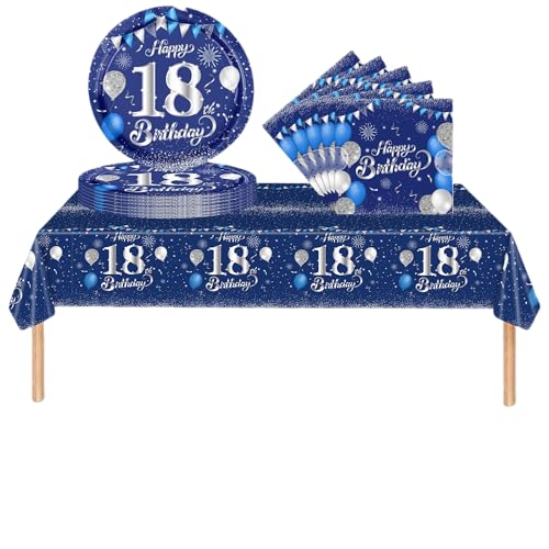 Partygeschirr Set 18. Geburtstag Mädchen Junge,37 Stück Marineblau Silber 18. Geburtstag Dekorationen Tischdecke Papier Platten Servietten für Kinder Sie Ihn 18. Geburtstags Geschenk Tischdekoration von cosoro