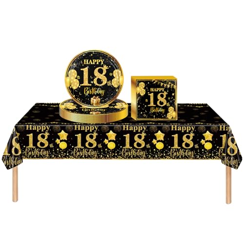 Partygeschirr Set 18. Geburtstag Mädchen Junge,37 Stück Schwarze Gold 18. Geburtstag Dekorationen Tischdecke Papier Platten Servietten für Kinder Sie Ihn 18. Geburtstags Geschenk Tischdekoration Partygeschirr Set 18. Geburtstag Mädchen Junge,37 Stück Schwarze Gold 18. Geburtstag Dekorationen Tischdecke Papier Platten Servietten für Kinder Sie Ihn 18. Geburtstags Geschenk Tischdekoration von COSORO