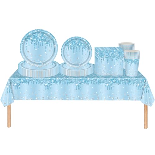 Hellblau Partygeschirr,69 Stück Hellblau Glänzender Glitzerdiamant Einweg Geschirr Pappteller Set Tischdecke Papptellern Servietten Bechern Party Geschirr Set für Geburtstag Hochzeit Tischdekoration von cosoro