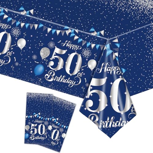 Tischdecke 50.Geburtstag Männer Frauen,2Stück Papiertischdecke Rolle Marineblau Silber Einmal Tischdecke Party Tischdecken 50.Geburtstag Deko Tischtücher für Erwachsene 50.Geburtstags Tischdekoration von cosoro