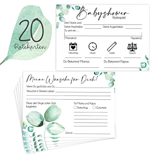 Cozy Racoon - 20 Hochwertige Babyshower Karten zum Ausfüllen - für Jungen und Mädchen I Spiel für die Babyparty I Beidseitig bedruckt I Persönliches Geschenk für Schwangere - Design Eukalyptus Cozy Racoon - 20 Hochwertige Babyshower Karten zum Ausfüllen - für Jungen und Mädchen I Spiel für die Babyparty I Beidseitig bedruckt I Persönliches Geschenk für Schwangere - Design Eukalyptus von cozy racoon