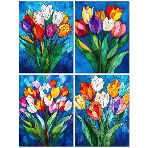4 Stück Diamond Painting Kinder ab 10 Jahre Blume 70x90cm, Diamond Painting Erwachsene Farbe, 5D DIY Mosaikherstellung Basteln Erwachsene Diamant Malerei Stickerei Kits für Home Wand Dekor Z-537T von cppxinng