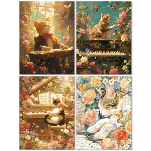 4 Stück Diamond Painting Kinder ab 10 Jahre Katze 70x90cm, Diamond Painting Erwachsene Klavier, 5D DIY Mosaikherstellung Basteln Erwachsene Diamant Malerei Stickerei Kits für Home Wand Dekor Z-549T von cppxinng