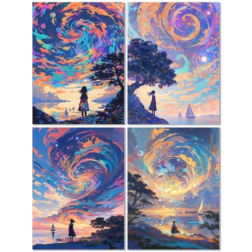 4 Stück Diamond Painting Kinder ab 10 Jahre Landschaft 70x90cm, Diamond Painting Erwachsene Farbe, 5D DIY Mosaikherstellung Basteln Erwachsene Diamant Malerei Stickerei Kits für Home Wand Dekor Z-527T von cppxinng