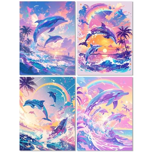 4 Stück Diamond Painting Kinder ab 9 Jahre Delphin 60x80cm, Diamond Painting Erwachsene Niedlich, 5D DIY Mosaikherstellung Basteln Erwachsene Diamant Malerei Stickerei Kits für Home Wand Dekor Z-535T von cppxinng