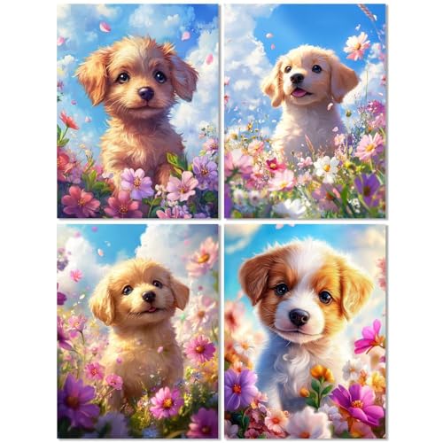 4 Stück Diamond Painting Kinder ab 9 Jahre Hund 60x80cm, Diamond Painting Erwachsene Blume, 5D DIY Mosaikherstellung Basteln Erwachsene Diamant Malerei Stickerei Kits für Wand Dekor Geschenke Z-533T von cppxinng