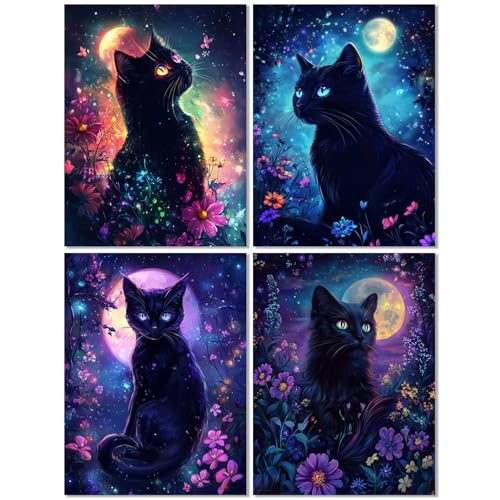 4er Set Diamond Painting Erwachsene Katze 70x90cm, Diamond Painting Kinder Mond, DIY Basteln Mädchen 10 Jahre,Mosaikherstellung Kreativ Set für Erwachsene, Diamant Stickerei Kits für Wand Dekor Z-552T von cppxinng