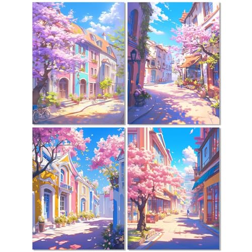 4er Set Diamond Painting Erwachsene Stadt 70x90cm, Diamond Painting Kinder Kirschblüten, DIY Basteln Mädchen 10 Jahre, Mosaikherstellung Kreativ Set für Erwachsene, 5D Diamant Stickerei Kits Z-524T von cppxinng