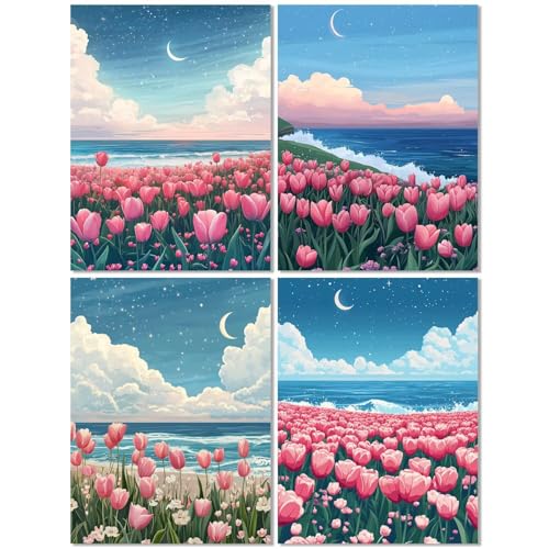 4er Set Diamond Painting Erwachsene Tulpe 60x80cm, Diamond Painting Kinder Mond, DIY Basteln Mädchen 10 Jahre,Mosaikherstellung Kreativ Set für Erwachsene, Diamant Stickerei Kits für Wand Dekor Z-518T von cppxinng