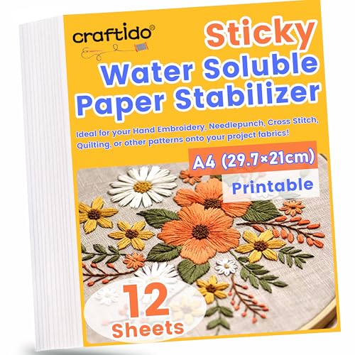 craftido A4 12PCS (29.7x21cm) Selbstklebende Wasserlösliche Stickvliese, Bedruckbares Auflösungspapier, Mittleres Gewich zum Drucken oder Zeichnen von Mustern geeignet, Maschinen- und Handstickerei von craftido