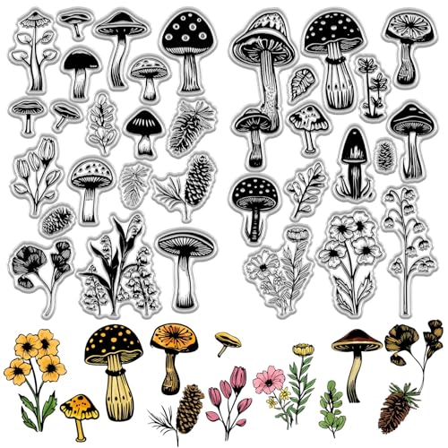 CRASPIRE 2 Blatt Pilz-Stempel Aus Transparentem Gummi, Pflanzenblumenblätter, Wiederverwendbar, Vintage, Transparente Silikon-Siegelstempel Für Heimwerker, Basteln, Scrapbooking, Journaling von craspire