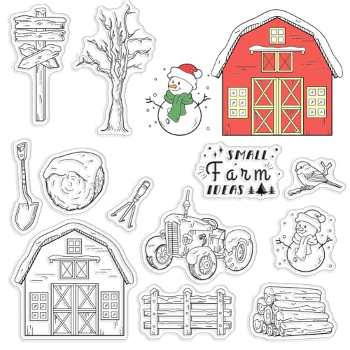 CRASPIRE Farm Clear Rubber Stamps Weihnachten Schneemann Wegweiser Heuhaufen Traktor Baum Zaun Birdie Wort Transparent Vintage Poststempel Silikonsiegel Stempel Journaling Kartenherstellung Diy von craspire