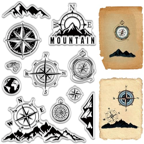 craspire Kompass-Stempel, Berge, Erde, Wiederverwendbar, Retro, Transparent, Silikon-Stempelsiegel Für DIY, Scrapbooking, Zubehör, Journaling, Kartenherstellung, Album, Dekoration, Basteln von craspire