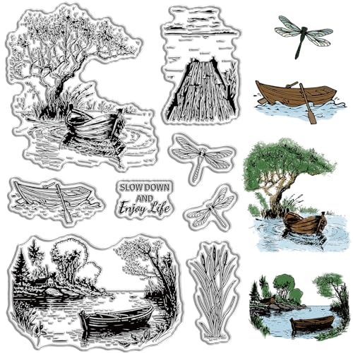craspire Landschaft Landschaft Gummistempel Libelle Baum Fluss Natürliche Transparente Klare Stempel Silikonsiegel Stempel Für DIY Scrapbooking Fotoalbum Dekorative Karten Herstellung Stempel Journal von craspire