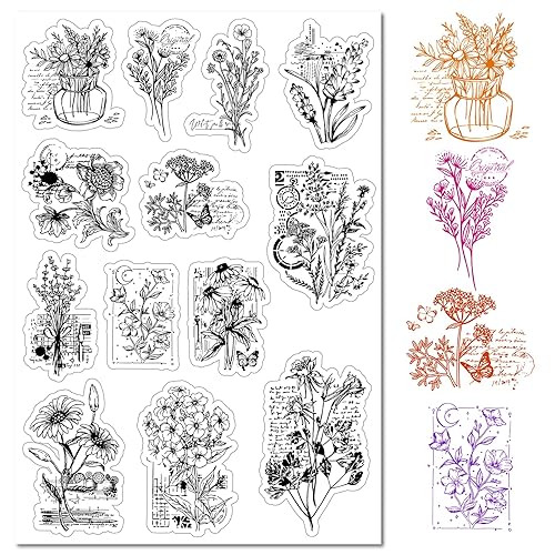 CRASPIRE Vintage-Blume, Durchsichtige Gummistempel, Wörter, Vase, Uhr, Schmetterling, Transparent, Retro-Frühling, Naturpflanzen-Thema Mit Geometrischen Elementen, Poststempel, Silikon-Siegel, Stempel von craspire