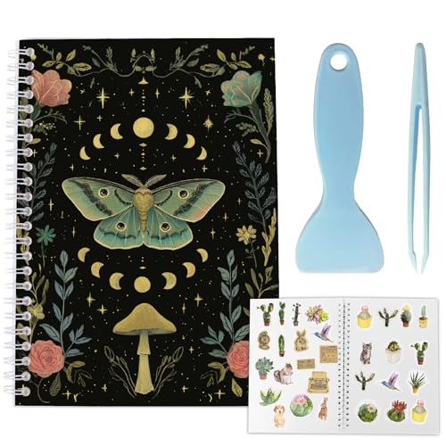 CRASPIRE Wiederverwendbare Aufkleber-Aufbewahrungsbuch, Album, A5-Größe, blanko, Aufkleberalbum, Organizer, Motten-Insekten, Abdeckung, wasserdichtes Trennpapier mit Schaber, Pinzette für Etiketten von craspire