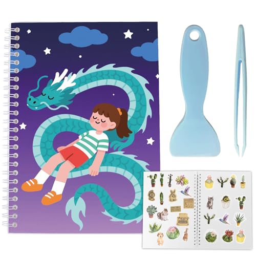 CRASPIRE Wiederverwendbare Aufkleber-Aufbewahrungsbuch, Album, A5-Größe, wasserdicht, blanko, Aufkleberalbum, Organizer, Drachen-Cover, Trennpapier mit Schaber, Pinzette für Etiketten von craspire