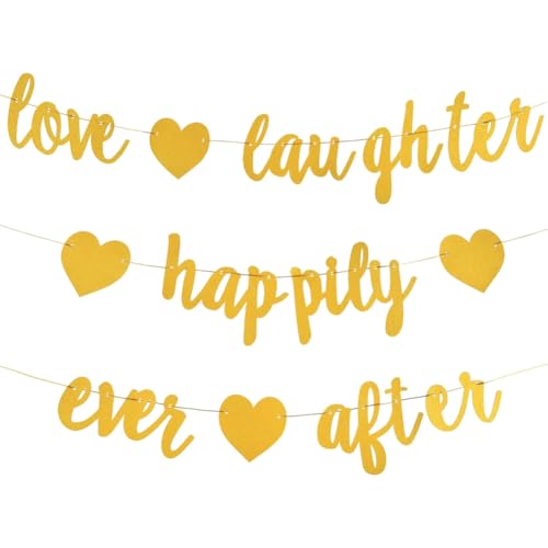 craspire „Love Laugh and Happily Ever After“-Banner, Glitzerndes Gelbes Wortschild-Papier-Hängebanner Für Hochzeit, Brautparty, Junggesellenabschied, Verlobungsfeier, Dekorationen von craspire
