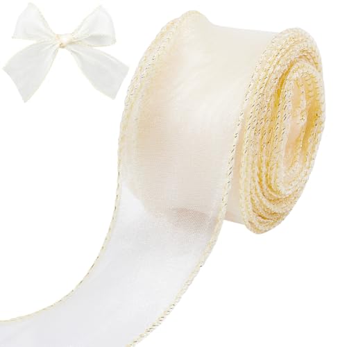 craspire 1-5/8 Zoll breit Whie Gold verdrahtet Schiere Band Organza Tüll Geschenkband handgemachte Weihnachten Chiffon Stoff 6.5Yd für Geschenk Wickeln Hochzeit Blume Strauß Kränze Weihnachten von craspire