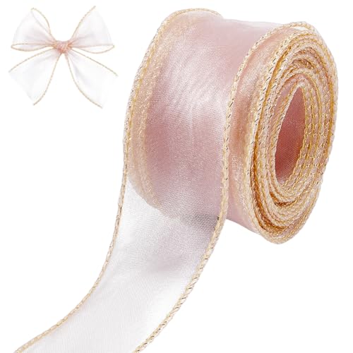 craspire 1-5/8 Zoll breite rosa Gold verdrahtet Schiere Band Organza Tüll Geschenkband handgemachte Chiffon Stoff 6.5Yd für Geschenk Wickeln Hochzeit Blume Strauß Weihnachten Kränze Weihnachten von craspire