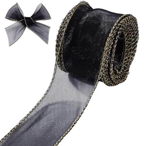craspire 1-5/8 Zoll breites schwarzes Gold verdrahtetes Organzaband schieres Tüllgeschenkband handgefertigtes Chiffongewebe 6.5Yd für Geschenkverpackung Hochzeit Blume Blumenstrauß Weihnachten Kränze von craspire