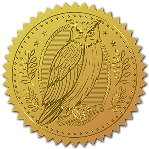 craspire 100 Stück Goldfolien-Aufkleber, Geprägte Zertifikatssiegel, Selbstklebende Aufkleber, Medaillen-Dekorationsaufkleber, Zertifizierung, Abschlussfeier, Firmennotarsiegel, Umschlag (Eule) von craspire