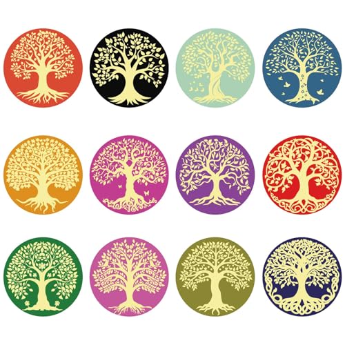 craspire 120 Stück 12 Stile Baum des Lebens Goldfolienaufkleber 2 Zoll Bäume Bunte Aufkleber Prägepaster Selbstklebendes Rundes Etikett Für Umschläge Geschenkkarten Scrapbook DIY Partydekor von craspire