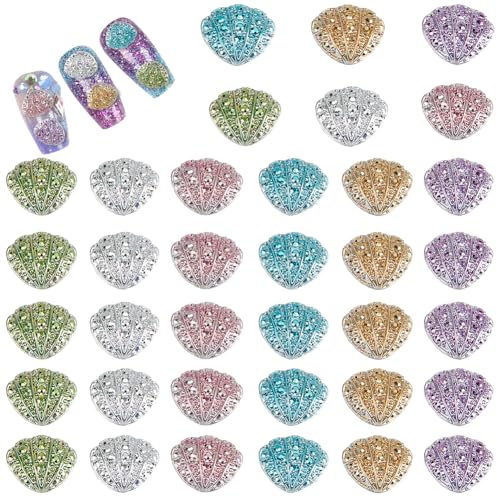 craspire 120 Stück 6 Farben Strand Strass Nagelkunst Anhänger Buntes Splitter Gold Harz Flache Rückseite Nagelset Sommer Muschel Design Nieten Juwelen Maniküre DIY Zubehör Dekorationen von craspire