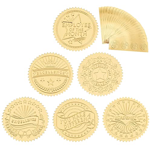 craspire 120 Stück 6 Stil Goldgeprägte Siegel Aufkleber 2" runde Goldfolien-Zertifikatssiegel Vintage Excellence Geprägte Goldfolien-Zertifikatssiegel Für Einladung, Umschlag, Abschlussfeier von craspire