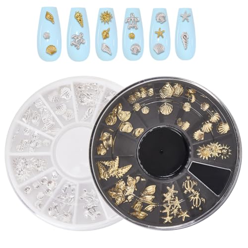 craspire 2 Box Ozean Nagelkunst Set 3D Charms 12 Stile Metalllegierung Silber Gold Nagel Charms Design Ohrstecker Edelstein Set Sommer Meeresschildkröte Seestern Muschel Für Frauen DIY Schmuck von craspire