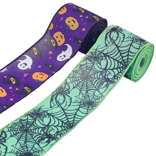 craspire 2 Rolle 2.5 Zoll Halloween Sackleinenband Mit Draht Buntes Bastelband Mit Eisenkante Buntes Fledermausmuster Geschenkgirlanden Kranzrollen Für Halloween Partys Geschenke DIY Dekoration von craspire