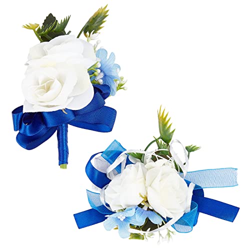 craspire 2 STÜCKE Blume Handgelenk Corsage Hochzeit Blumen Zubehör Künstliche Weiße Rose Blau Seide Armband Boutonniere Knopflöcher Rose Handgelenk Corsage von craspire