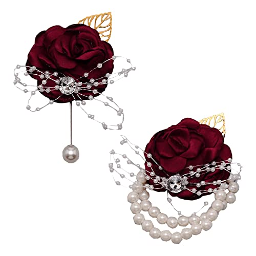 craspire 2 STÜCKE Rot Handgelenk Corsage Hochzeit Corsage Perle Armband Strass Rote Rose Künstliche Blume Handgelenk Boutonniere Knopflöcher Brautjungfer Blume Handgelenke Hochzeit von craspire