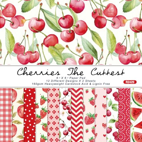 craspire 24 Stück Scrapbook Papier Mit Obstmotiv 6 x 6 Zoll Kirsche Erdbeere Lebensmittel Gemusterter Hintergrund Grußkarten Journal Dekorative Papierblöcke Für Alben Scrapbooking Journalkarten DIY von craspire