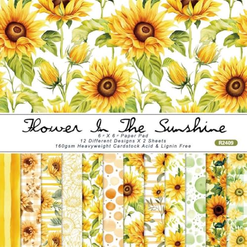 craspire 24 Stück Sonnenblumen Scrapbook Papier Origami Papier Blumenmusterpapier 6" × 6 einseitig Gefärbtes Gemustertes Dekoratives Bastelpapier Für Tagebuch Basteln DIY Hintergrund Kunst von craspire