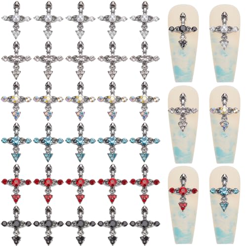 craspire 36 Stück Kreuz Nagel Charms 3D Y2K Luxus Nagel Edelstein Set 6 Farben Strass Metalllegierung Flach Gothic Vintage Punk Nieten Dekor Für Frauen Nagelkunst DIY Basteln Schmuck Weihnachtsdeko von craspire