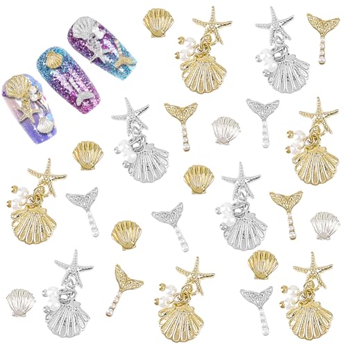 craspire 36 Stück Nagelkunst Anhänger Mit Sommer Strand Motiv Legierung Meerjungfrau Silber/Gold Strasssteine Nägel Fischschwanz Muschel Perlen Muschel Ohrstecker Zubehör Basteln Für Frauen DIY von craspire