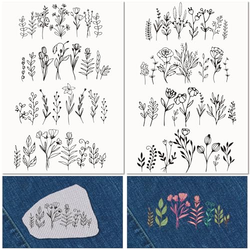 craspire 4 Blatt Stickvlies Mit Blumen Wasserlöslich Blumen Pflanzen Blätter Handnähstickerei Stick and Stitch A4 Transfers Stoff Auswaschbar Vorgedruckt Selbstklebend Für Liebhaber des Stoffnähens von craspire