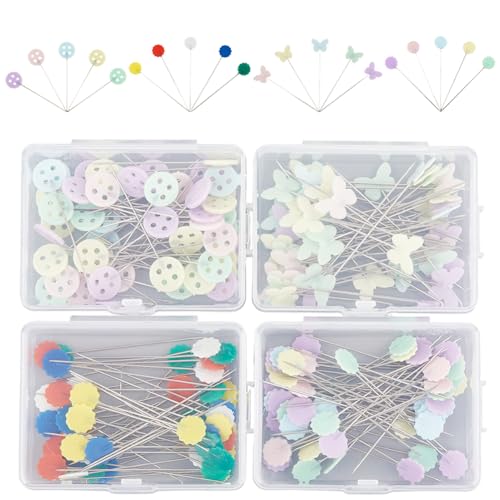craspire 4 Box 200 Stück 4 Stile Dekorative Stecknadeln Lange Nähnadeln Silbernes Metall Eisen Kunststoff Runder Knopf Schmetterling Sonnenblume Kopf Quiltmarker Positionierungsnadel Für Heimwerker von craspire