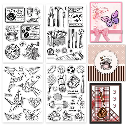 craspire 4 STÜCKE Silikon Klare Stempel Vintage Kaffee Thema Sport Werkzeuge Muster Klare Stempel Für Kartenherstellung Dekoration DIY Scrapbooking Prägung Album Dekor Handwerk von craspire