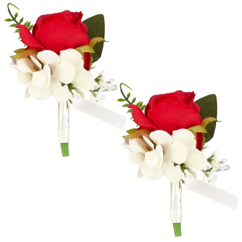 craspire 4 Stück Rosen Ansteckblume Aus Rotem Seidenstoff Kunstblume Mit Grünem Blatt Seidenband Ansteckblume Boutonniere Broschen Set Für Trauzeugen Braut Bräutigam Brautjungfern Abschlussball von craspire
