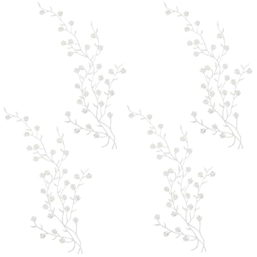 craspire 4 Stück Silberfarbene Stickerei Applikation Mit Pflaumenranken Aufnäher Zum Aufnähen Ethnischer Stil Metallische Spitzenverzierungen Für Hochzeitskleid Dekoration DIY Handwerk Weißer Stoff von craspire