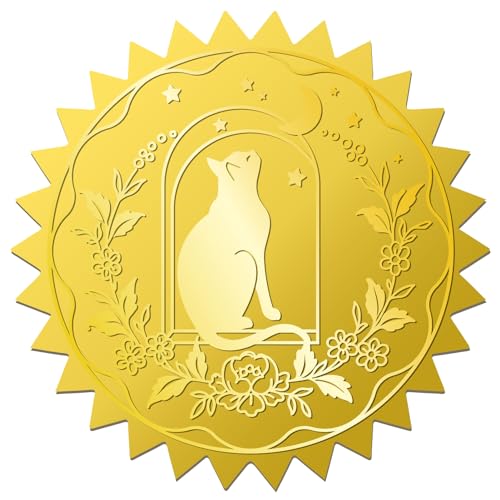 craspire 408Pcs Schwarze Katze Mond Goldfolie geprägte Aufkleber Halloween 2" Selbstklebende Umschlagverschlüsse Runde Etiketten für Hochzeitseinladung, Abschlussfeier, Firmenzertifikate, Diplome von craspire