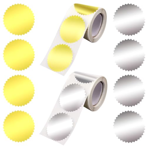 craspire 500 Stück Silber Goldene Metallische Siegelaufkleber Selbstklebend Gezackter Rand Auszeichnungen Blanko Aufkleber 50mm 2 Rollen Silber Golden Geprägte Offizielle Siegelaufkleber von craspire