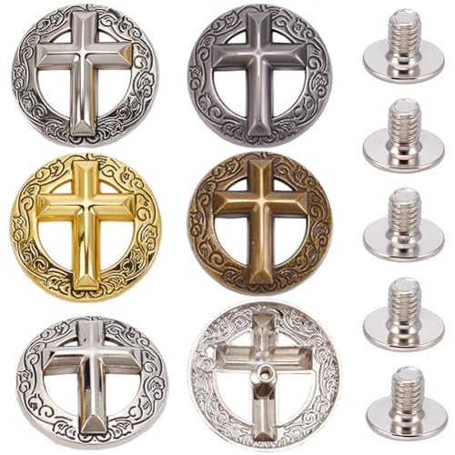 craspire 8 Stück 4 Farben Kreuz Retro Dekorationsschnalle Hohle Gravierte Schraubknöpfe Klassischer Vintage Western Stil Ersatzschnalle Für DIY Lederhandwerk Stoffe Waren Zubehör Set von craspire