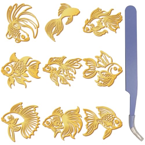 craspire 9 Stil Goldene Metallaufkleber Klassischer Fisch Süß 1.6x1.6 Zoll Selbstklebend Wasserfest Mit Pinzette Etikettenaufkleber Geprägt Für Kartenherstellung Scrapbook DIY Kunst Bild Umschlag von craspire