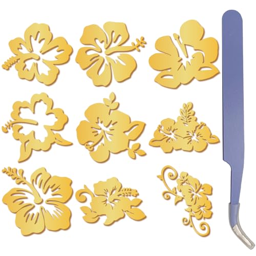 craspire 9 Stück Hibiskus Aufkleber Goldener Metallaufkleber Mit Lila Pinzette Blume Wasserfest Selbstklebende Legierung Dekorationskleber Pflanzenaufkleber Für Sammelalben Bastelarbeiten Flaschen von craspire