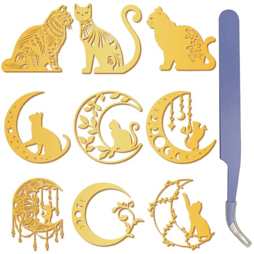 craspire 9 Stück Mondphasen Katze Goldene Metallaufkleber 1,5 x 1,5 Zoll Mit Pinzette Boho Blume Wasserfest Selbstklebend Nickel Dekorationsaufkleber Abziehbilder Für Sammelalben DIY Harzbasteleien von craspire